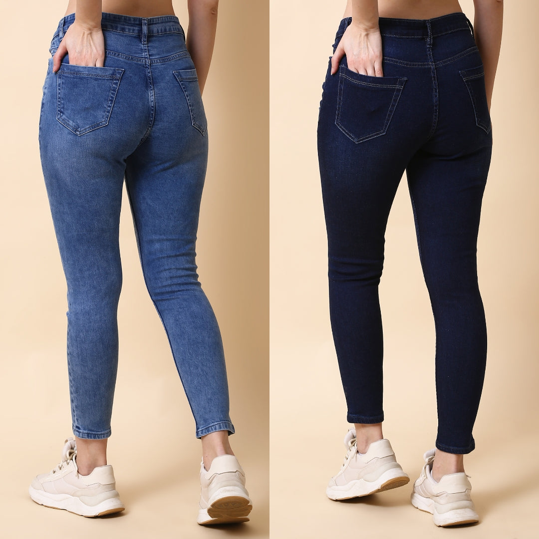 Women Combo of Light & Dark Blue Damage Jeans