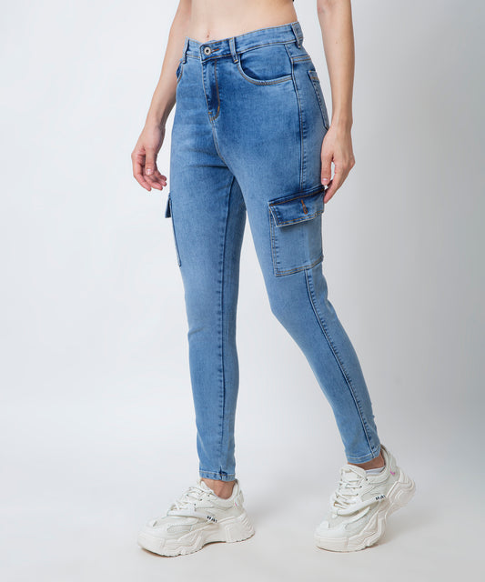 Women Six Pocket Trendy Skinny Light Blue Jeans