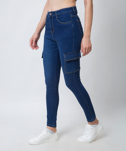 Women Six Pocket Trendy Skinny Blue Jeans